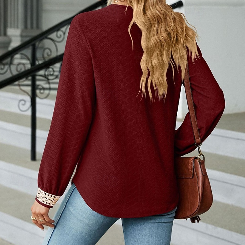 Damen Bluse Farbblock Modern Lässig Langarm V Ausschnitt Normale Oberteile Täglich Ferien Patchwork Gras-Grün Erröten Sie Rosa Schwarz Rosa Wein Sommer 2025 - $21.99 –P20