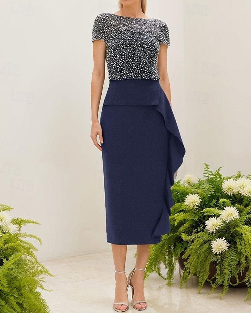 Meerjungfrau/Trompete Kleid für die Mutter der Braut, elegante Party, schlichter U-Boot-Ausschnitt, knielang, Midi-Länge, Krepp, kurze Ärmel mit Perlen, Rüschen 2025 2025 - $149.99 –P1