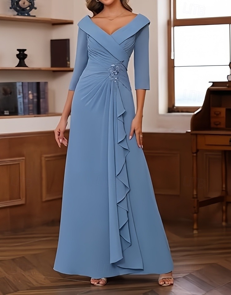 A-Linje Bröllopsgäst Klänningar Elegant Klänning Bröllopsgäst Förlovning Golvlängd 3/4 Längd Ärmar V-ringad Chiffong med Fållar Ruched Pärla 2025 - $165.99 –P3
