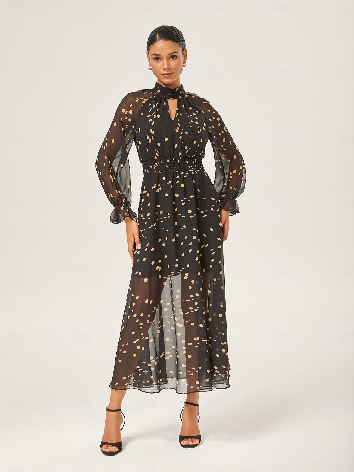 Per donna Femminile Vestito Casual Abito maxi Nero Manica Lunga A Pois Stampato Estate Interstagionale Collo Alto Vacanza Stile Boho XS S M del 2025 a $91.99 –P1