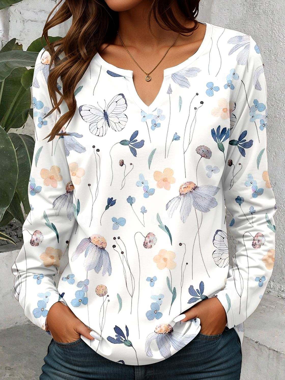 Damen T Shirt Blumen Grafik Pflanzen Vintage Stilvoll Klassisch Langarm V Ausschnitt Einkerbiger Ausschnitt Normale Oberteile Täglich Druck Khaki Rosa Leicht Blau Frühling Herbst 2025 - $24.99 –P4