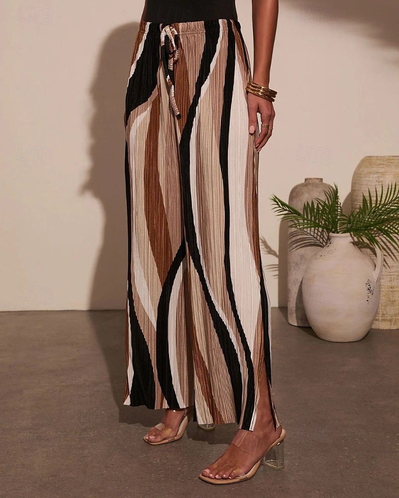 Damen Weites Bein Stoffhosen Streetwear Lässig Volle Länge Natürliche Taille Geometrie Elastisches Kordelzugdesign Bequem Außenbereich Urlaub Ausgehen Braun Herbst Normale Passform 2025 - $18.99 –P4