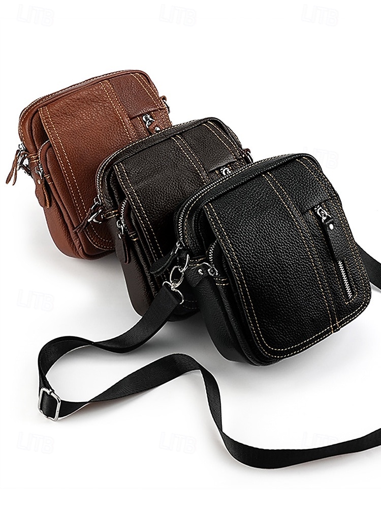 Men's genuine leather messenger bag with zipper pocket, Retro style, Can be inserted into the belt to use as a waist bag, Suitable for outdoor travel, Hiking, Camping or western cowboy wear 2025 - $26.99 –P4