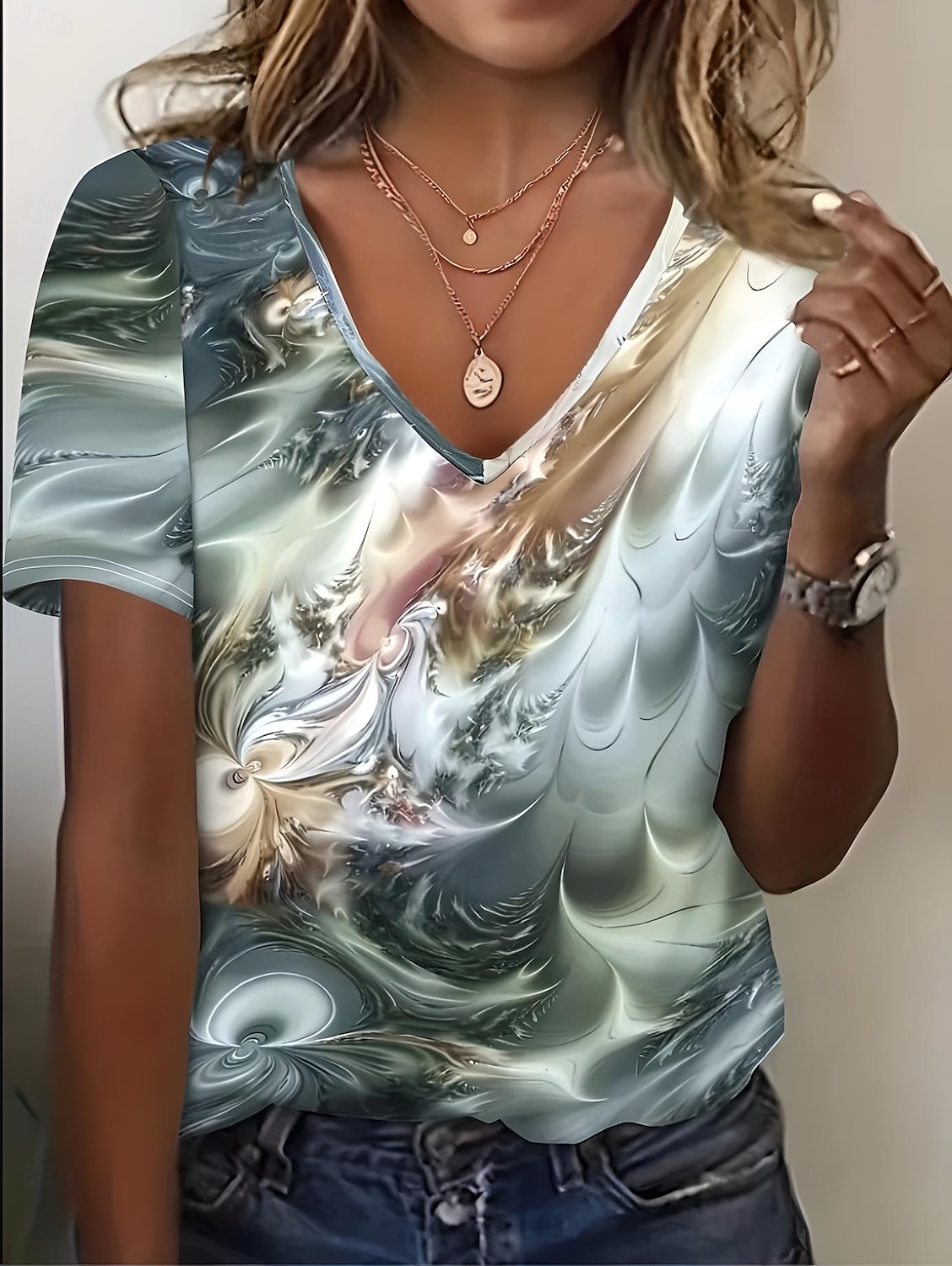 Femmes T-shirt A Ombre Graphique Abstrait ancien Élégant Classique Manche Courte Col en V Hauts Réguliers Quotidien Sortir Week-end Imprimé Rouge Bleu Vert Été Printemps de 2025 ? $19.99 –P4