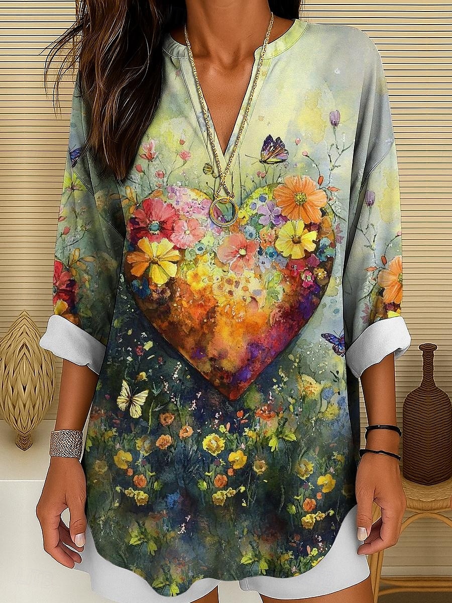 Pentru femei Bluză Inimă Floral Grafic Boemia Epocă Tropical Manșon Lung În V Topuri obișnuite Zilnic Concediu Costum de plajă Imprimeu Galben Roșu-aprins Albastru piscină Mov Trifoi Vară Primăvară 2025 - $19.99 –P6