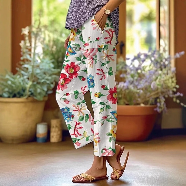 Women's Chinos Vacation Vintage Ethnic Style Ankle-Length High Waist Floral Graphic Stripe Stripe Soft Outdoor Breathable Micro-elastic Outdoor Vacation Casual Violet Pink White Light Green Red Fall 2025 - $32.99 –P1