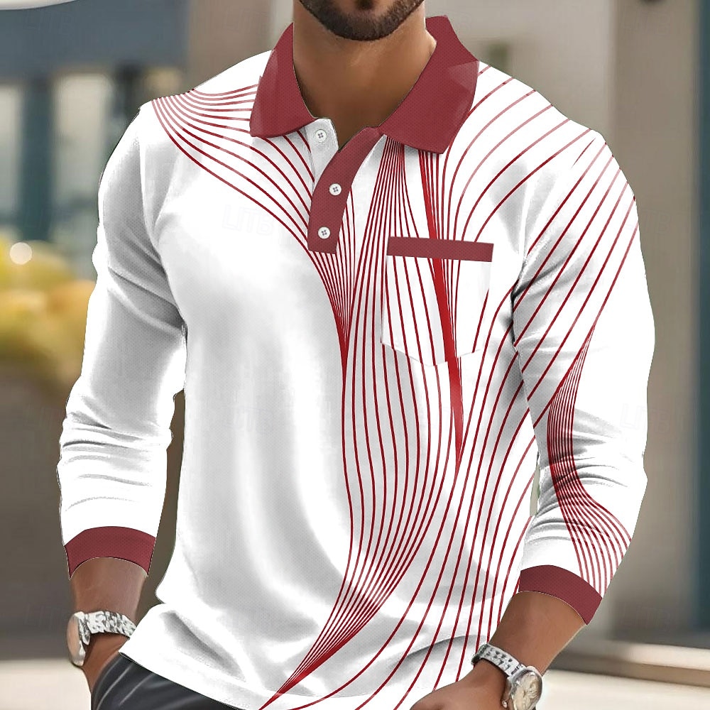 Hombre Geométrico Polo Manga Larga Camisas de polo Camisas con cuello Informal de negocios Negocio Ropa Deportiva Ropa Cotidiana Botones Bolsillo Impresión 3D Primavera Otoño Invierno Rojo Azul 2025 - $21.99 –P3