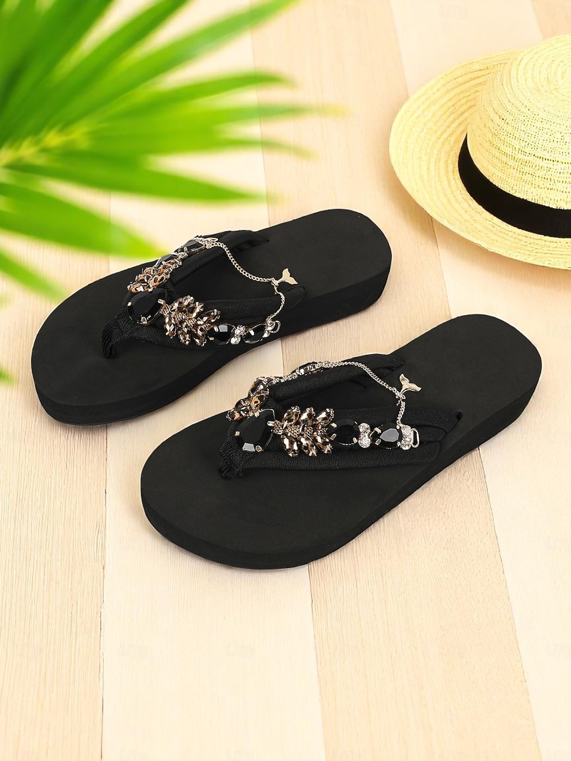 damskie czarne sandały z kryształkami i kolorowymi kryształkami – efektowne klapki plażowe na imprezy przy basenie, wakacje i letnie stylizacje 2026 - $24.99 –P1