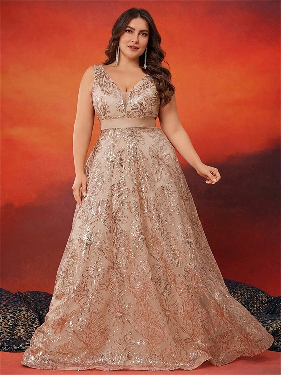 A-Linie Plus Size Kleider Elegantes Kurvenkleid Formelles Hochzeitskleid Bodenlang Ärmellos V-Ausschnitt Spitze mit Pailletten 2025 2025 - $109.99 –P16
