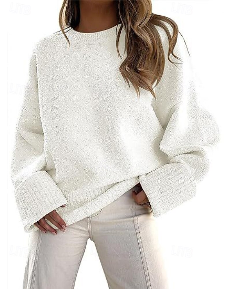 Women's Sweater Pullover Fashion Solid Color Ribbed Crew Neck Knitted Long Sleeve Regular Tops Knit Outdoor Holiday Going out Black White Fall 2025 - $28.99 –P2
