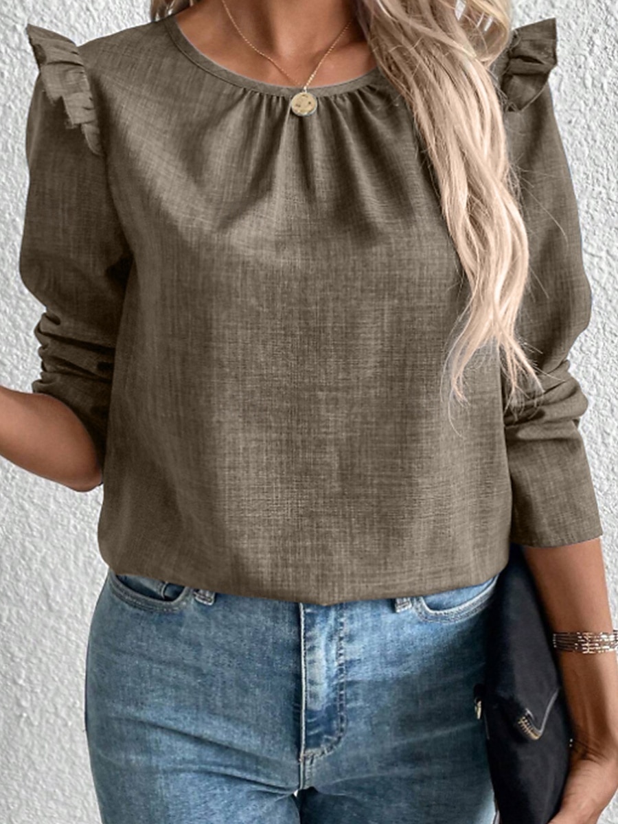 Dame T skjorte عادي Mote Moderne Fritid Langermet Crew-hals Vanlige topper Daglig Helg Drapering Knapper Svart Navyblå Kakifarget Grå Sommer 2025 - $25.99 –P5