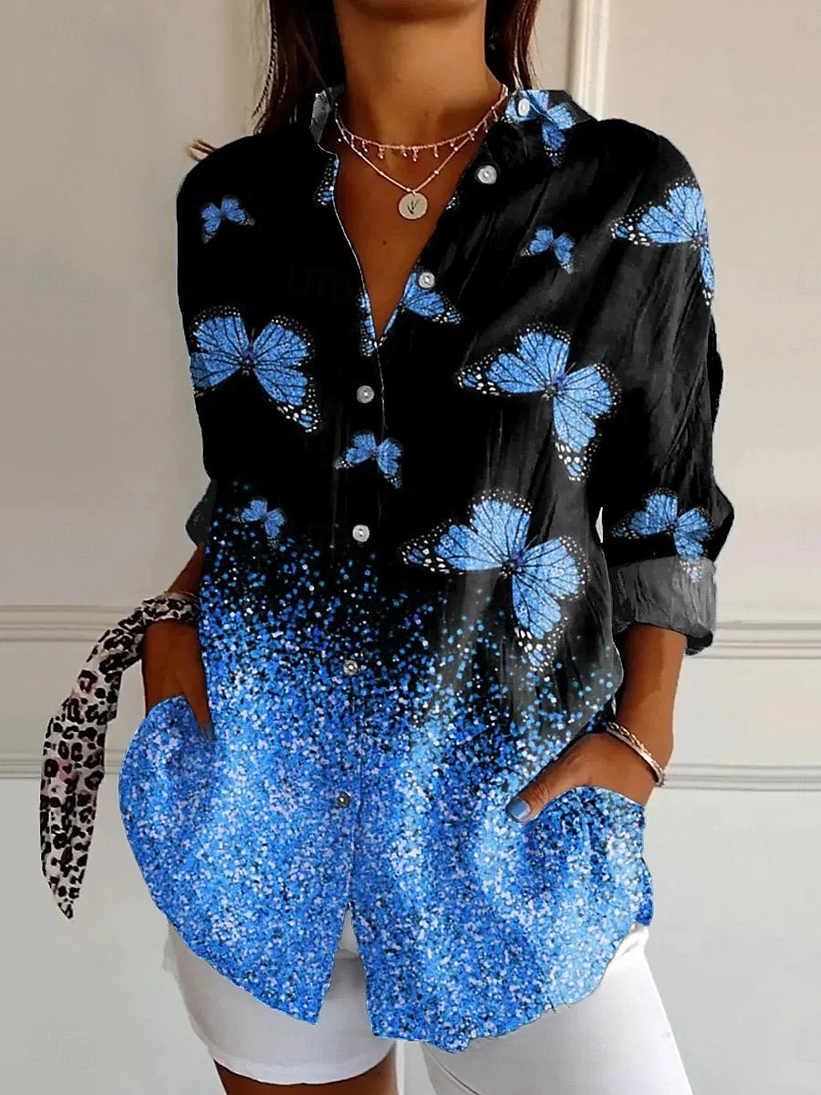 Dámská košile button down tunika s límečkem dlouhým rukávem ombre grafický motýl denní stylové ležérní pravidelné topy denní dovolené potisk růžový modrý fialový oranžový šedý jaro 2025 - $33.99 –P1
