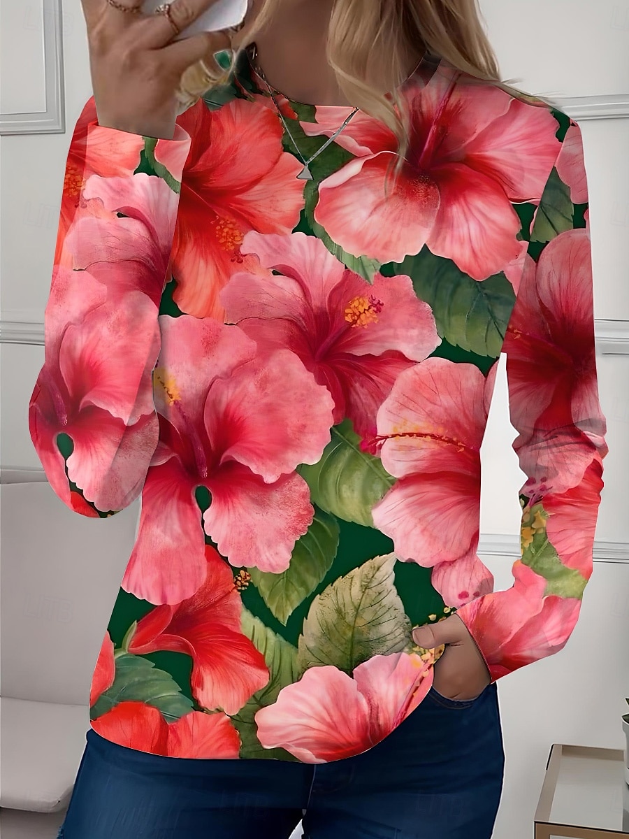 Dame T skjorte hav Fritid Langermet Crew-hals Vanlige topper Daglig Ut på byen Helg Trykt mønster Hvit / Svart svart+hvit+blått Hvit Rosa Rød Sommer Vår 2025 - $22.99 –P4