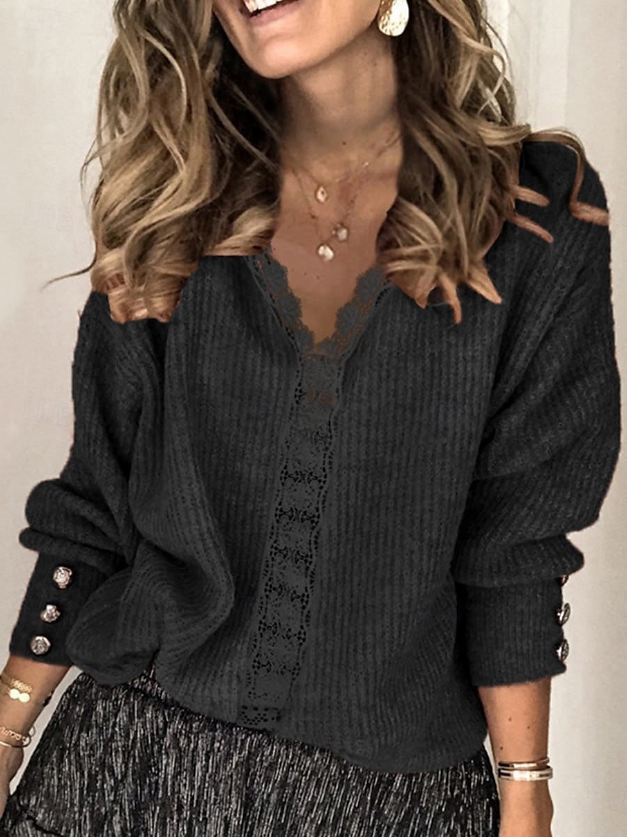 Femmes Haut d'épissage en dentelle Couleur Unie Élégant Occasionnel manche longue Col en V Hauts Réguliers Quotidien Dentelle Patchwork Noir Blanche Rose Claire Vin Gris Été Printemps de 2025 ? $14.99 –P6