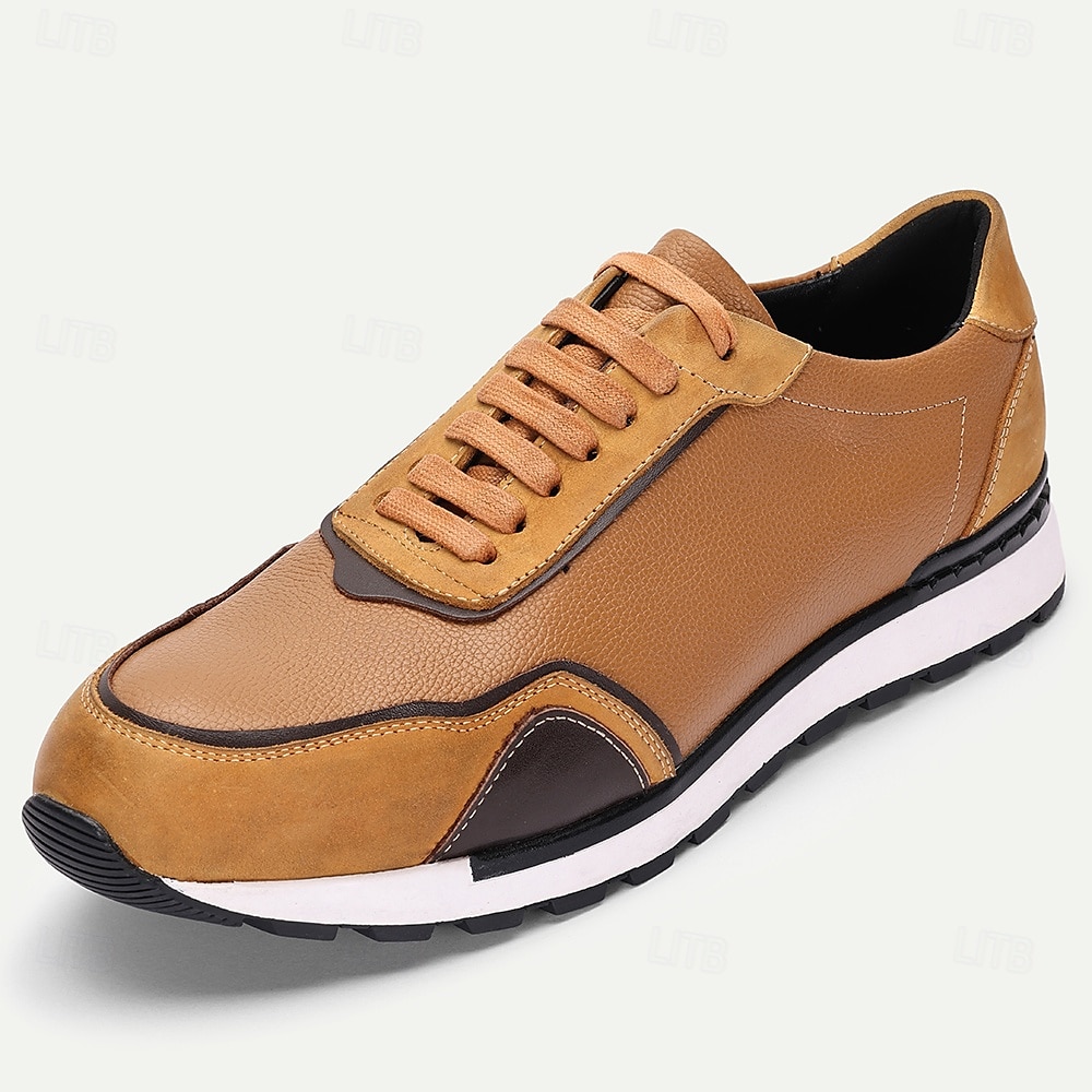 Herrsneakers i brunt läder, avslappnad, lätt, atletiskt inspirerad design med vadderad sula, perfekt för promenader, resor och helgutflykter 2025 - $109.99 –P2