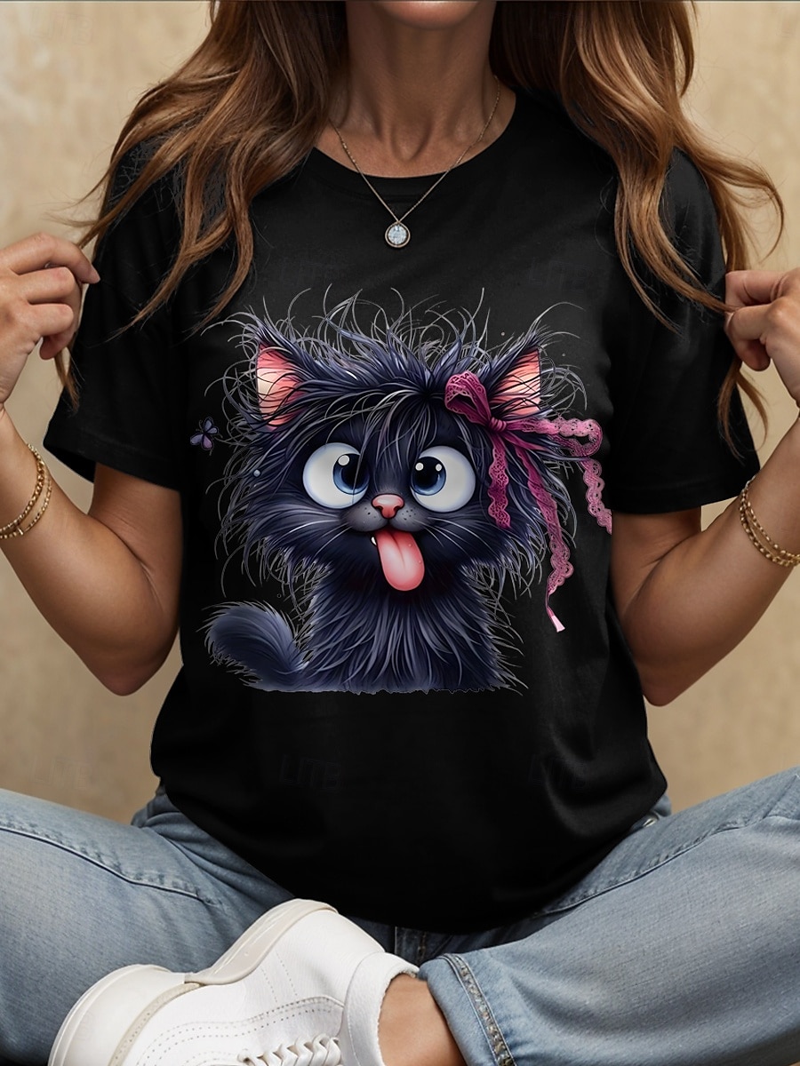 Femmes T-shirt Graphique Animal Chat ancien Élégant Classique Manche Courte Col ras du cou Col rond Hauts Réguliers Quotidien Week-end Imprimé Noir Blanche Rouge Bleu Violet Été Printemps de 2025 ? $19.99 –P5