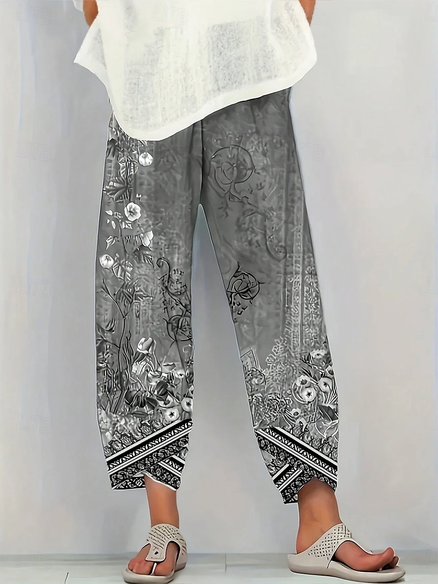 Dames Chinese Wijde broek Vakantie Vintage Etnische stijl Enkellengte Hoge taille Grafisch Paisley Lapwerk Trekkoord Opdrukken Ademend Micro-elastisch Vakantie Straat Causaal Grijs Groen Grijs Zomer 2025 - $20.99 –P4