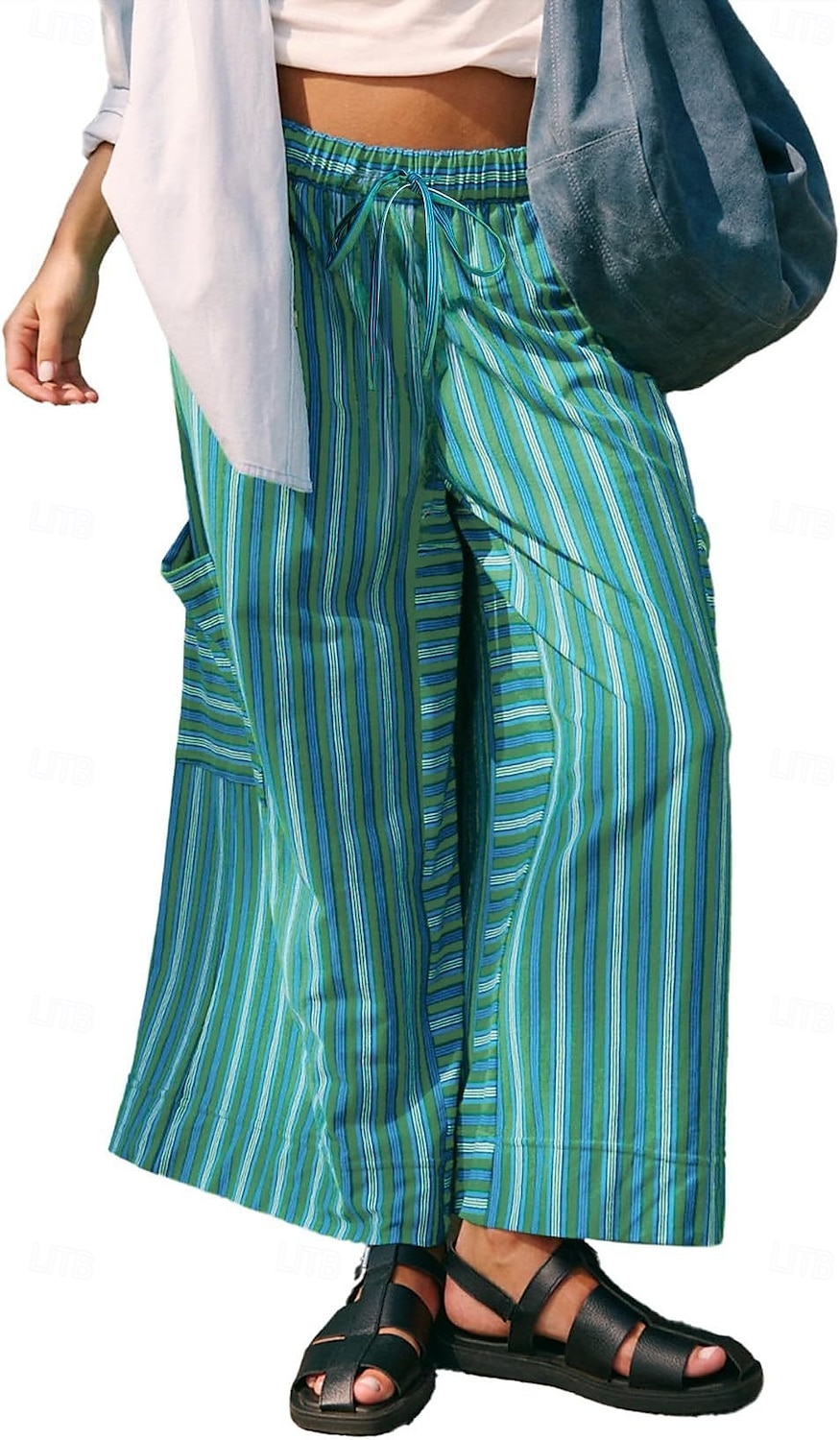 Per donna Gamba larga Chinos Moda Streetwear Lunghezza intera Vita Alta A righe Tasca Fascia Elastica Stampa Comodo Morbido Confortevole Micro-elastico All'aperto Streetwear Blu Arancione Marrone del 2025 a $24.99 –P7