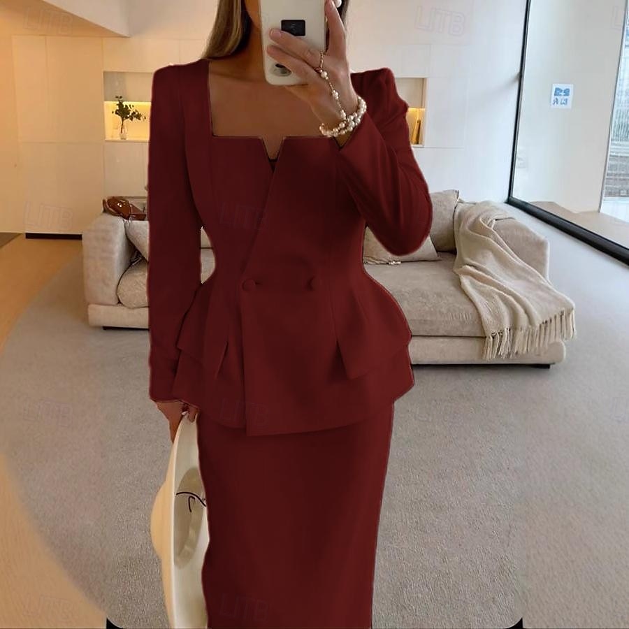 Zweiteilig Meerjungfrauenschnitt Brautmutterkleid Formell Elegant Einfach Minimalistisch Quadrathals Tee-Länge Krepp Stretchstoff Langarm mit Einfarbig 2025 2025 - $139.99 –P11