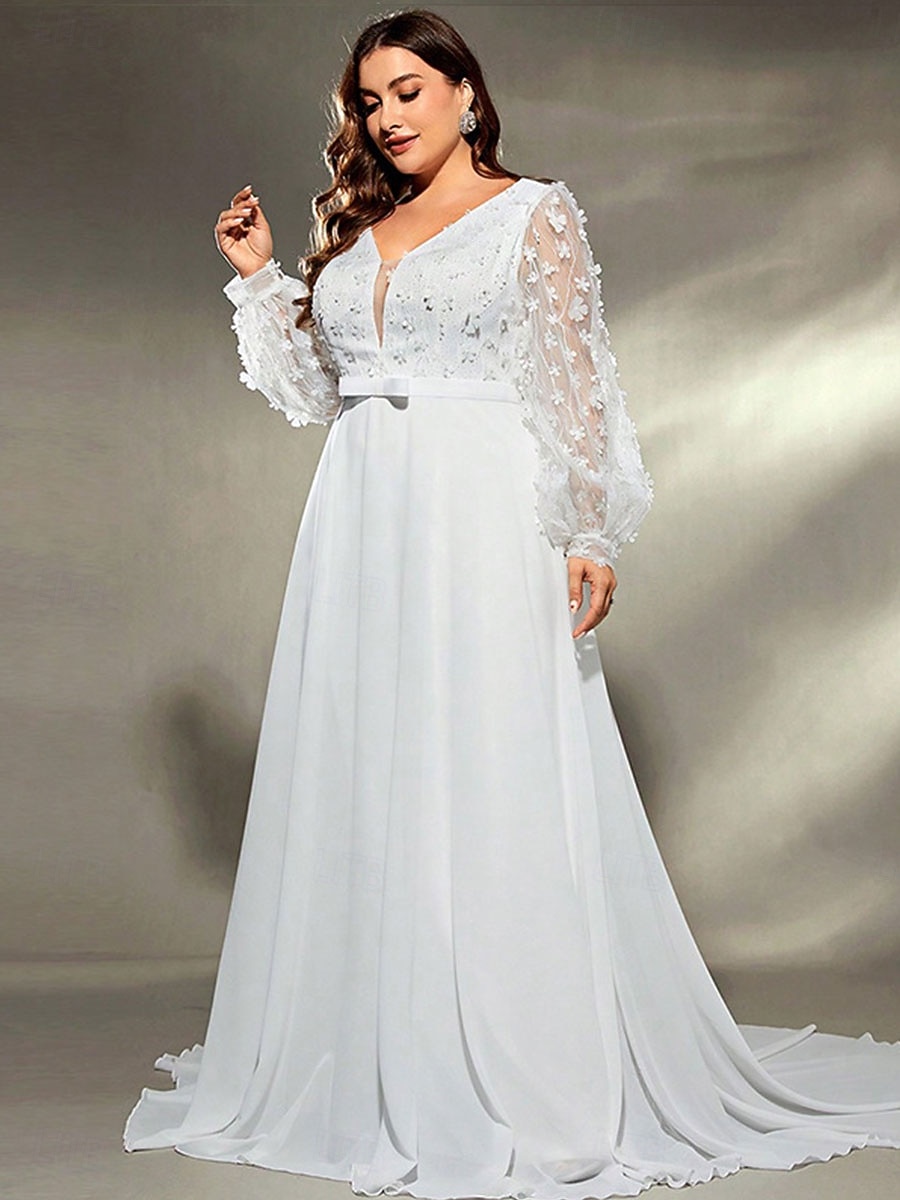 A-Line Evening Gown Elegant Dress Formal Wedding Sweep / Brush Train Long Sleeve V Neck Chiffon with Pleats 2025 - $89.99 –P6