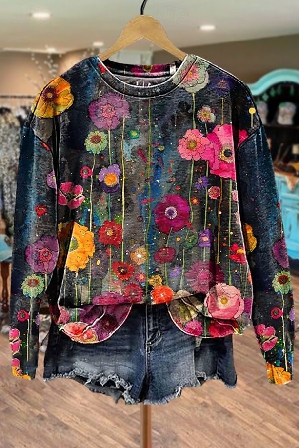 Dame Genser med genser Blomstret Grafisk Fritid Langermet Crew-hals Vanlige topper Gate Hverdag Avslappet Trykt mønster Svart Rosa Blå Oransje Grå Vår Høst Vinter 2025 - $24.99 –P4