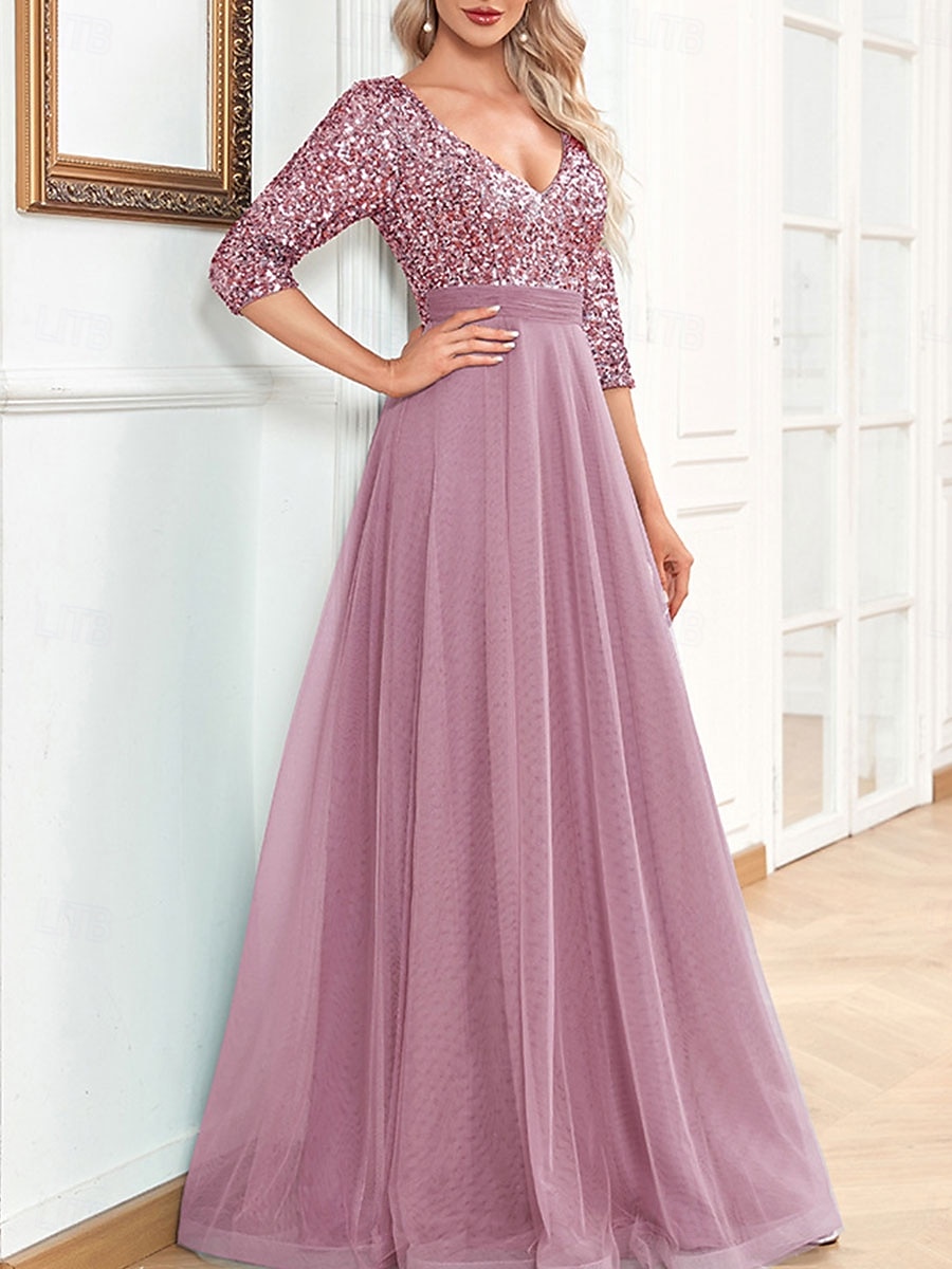 Vestido de Gala em A Vestido Elegante Formal Casamento Comprimento do Chão Manga 3/4 Decote em V Com Lantejoulas com Lantejoulas de 2025 por $119.99 –P11