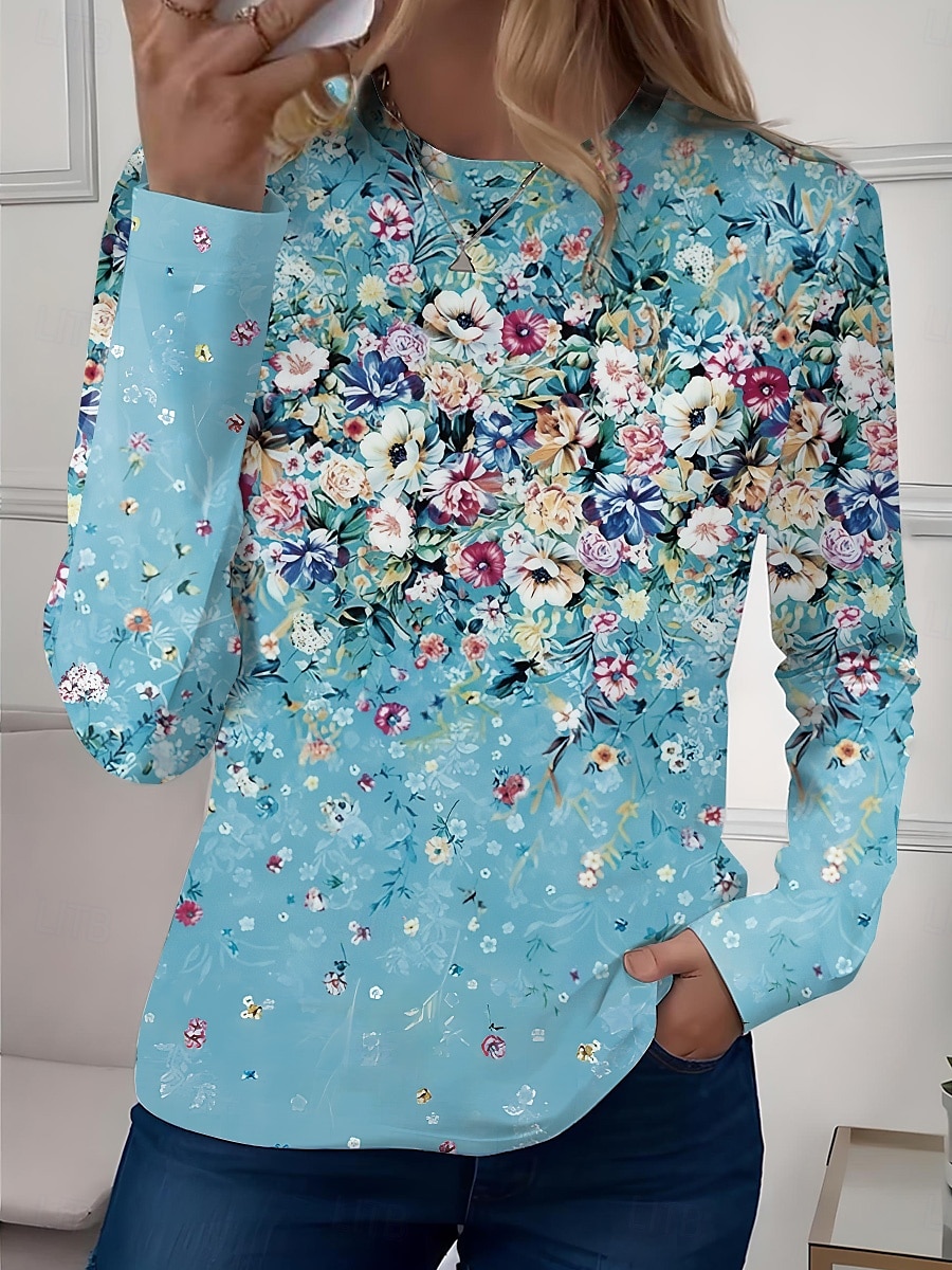 Mujer Camiseta Floral Casual Manga Larga Cuello Barco Tops regulares Diario Estampado Verde salvia Rosa Azul Piscina Azul cielo Morado Primavera Otoño 2025 - $23.99 –P6