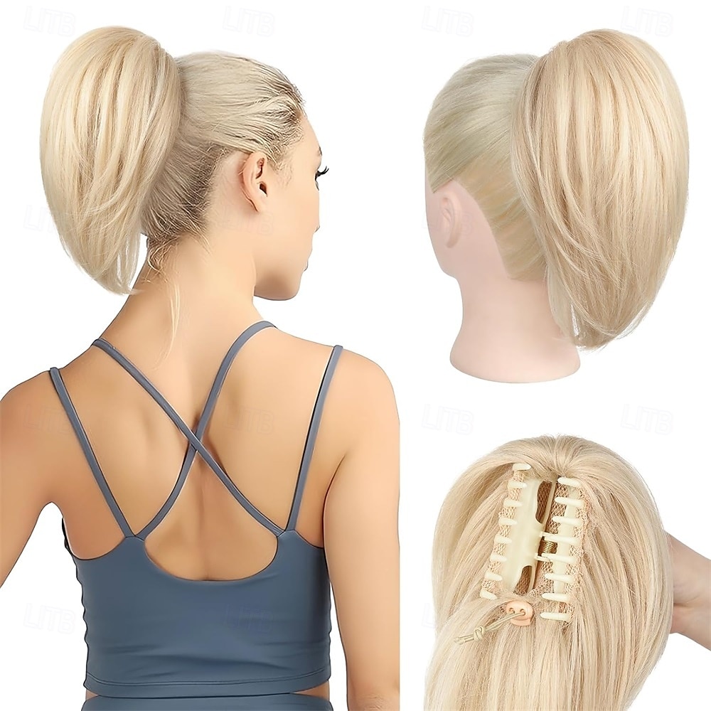Extension queue de cheval 10 pièces, postiche queue de cheval courte à clipser, chignon décoiffé, postiche synthétique naturel, doux et raide pour femme - brun foncé avec mèches de 2025 ? $19.49 –P3