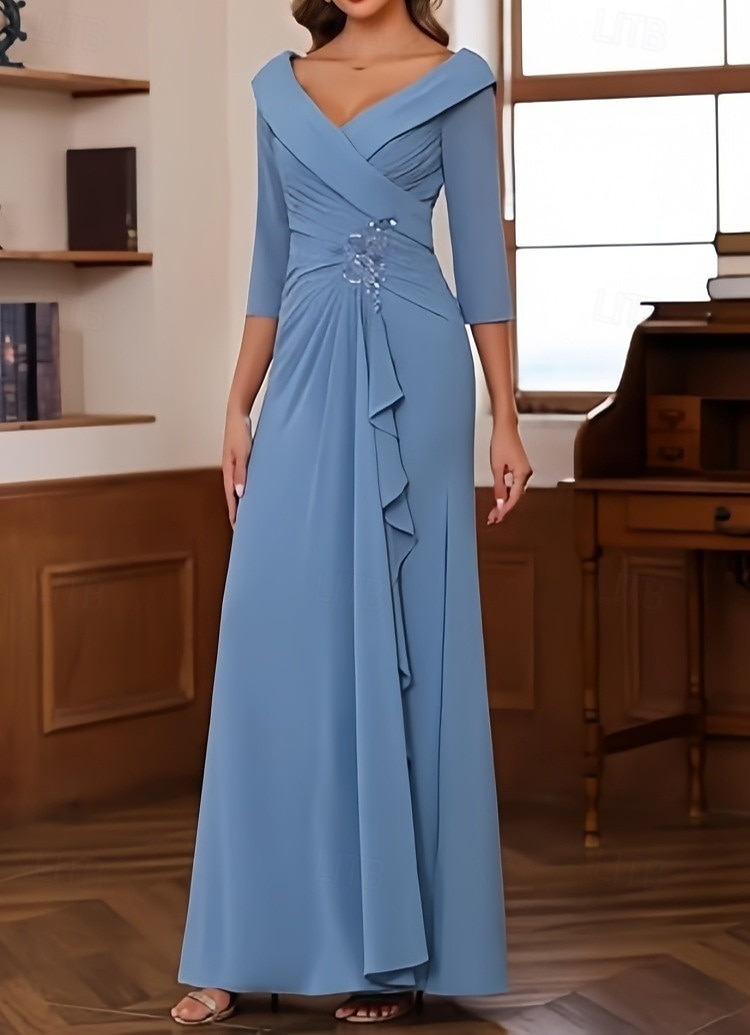 A-Linje Bröllopsgäst Klänningar Elegant Klänning Bröllopsgäst Förlovning Golvlängd 3/4 Längd Ärmar V-ringad Chiffong med Fållar Ruched Pärla 2025 - $165.99 –P4
