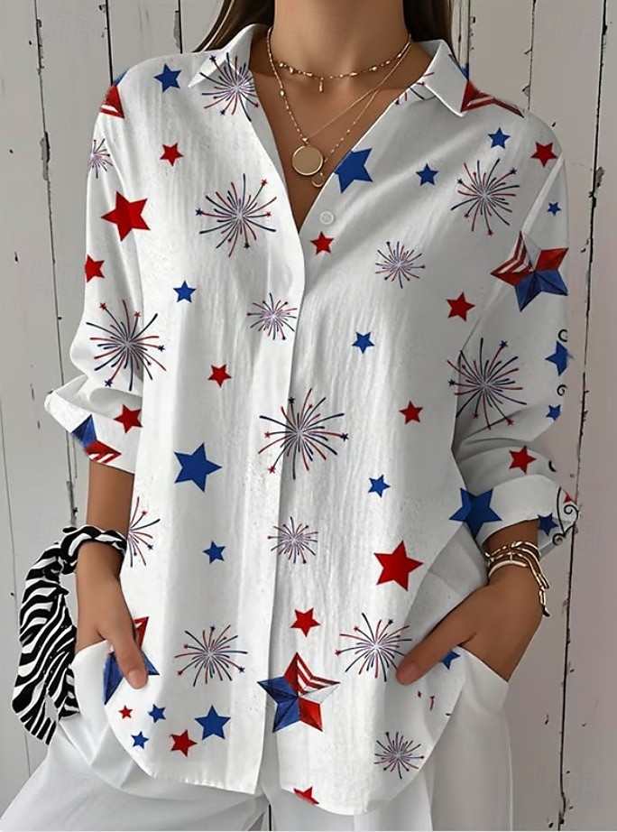 Kvinnes patriotisk skjorte grafisk flagg stjerne vintage tropisk daglig langermet skjorte krage regulære topper arbeid daglig knapper trykk hvit kongeblå blå himmelblå 2025 - $32.99 –P1