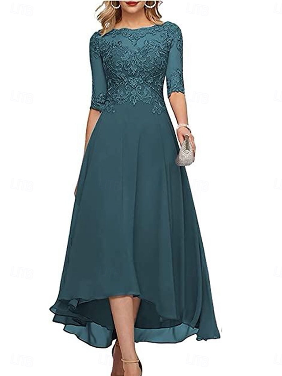 A-Line Mother of the Bride Dress Elegant Crew Neck Floor Length Chiffon Half Sleeve with Solid Color 2025 2025 - $119.99 –P16