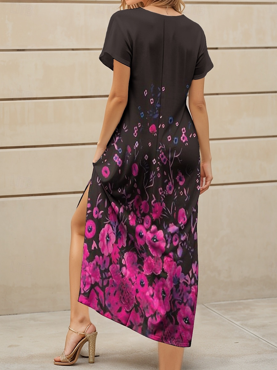 Women's Maxi Dress Casual Dress Sundress A Line Dress Elegant Vacation Casual Beach Regular Fit Ombre Floral Graphic Short Sleeve V Neck Magenta Red Blue Purple Summer Spring 2025 - $28.99 –P2