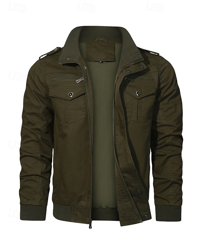 Men's Trucker Jacket Cargo Jacket Casual Jacket Vacation Daily Pocket Spring Fall Plain Fashion Classic Stand Collar Regular Black Khaki Army Green Jacket 2025 - $53.99 –P12