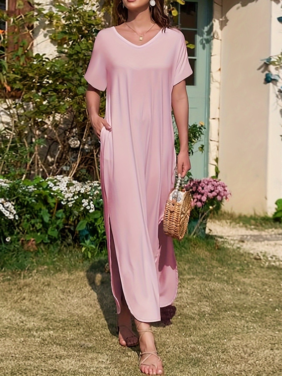 Femmes Robe maxi Robe d'été Occasionnel Quotidien Coupe régulière Uni Manche Courte Col en V Noir Rose Claire Vert Été de 2025 ? $30.99 –P9