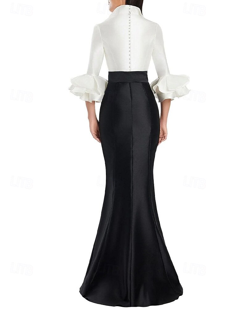 schwarz-weißes Abendkleid Meerjungfrau/Trompete Abendkleid elegantes Kleid formelle Hochzeit bodenlang Halbarm Hemdkragen Stretch-Satin mit Rüschen 2025 2025 - $139.99 –P3