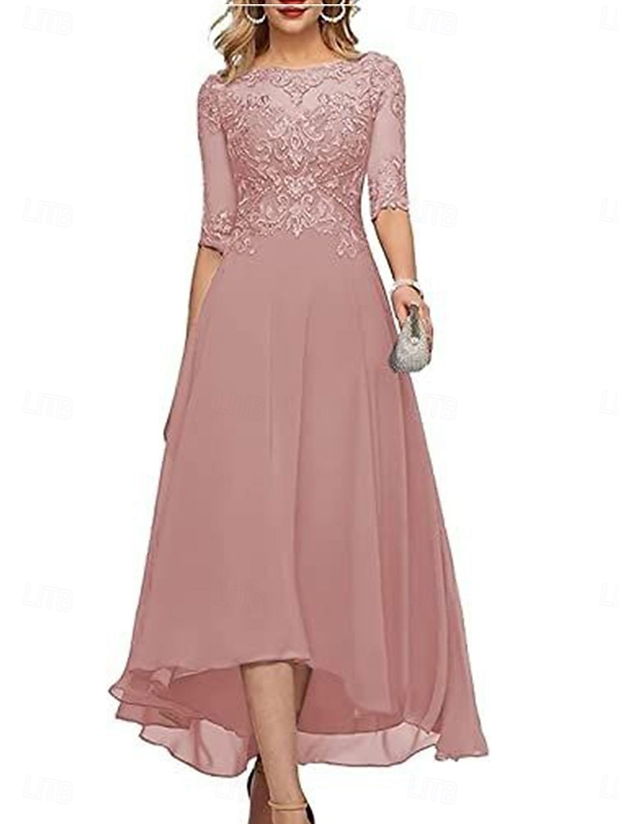 A-Line Mother of the Bride Dress Elegant Crew Neck Floor Length Chiffon Half Sleeve with Solid Color 2025 2025 - $119.99 –P18