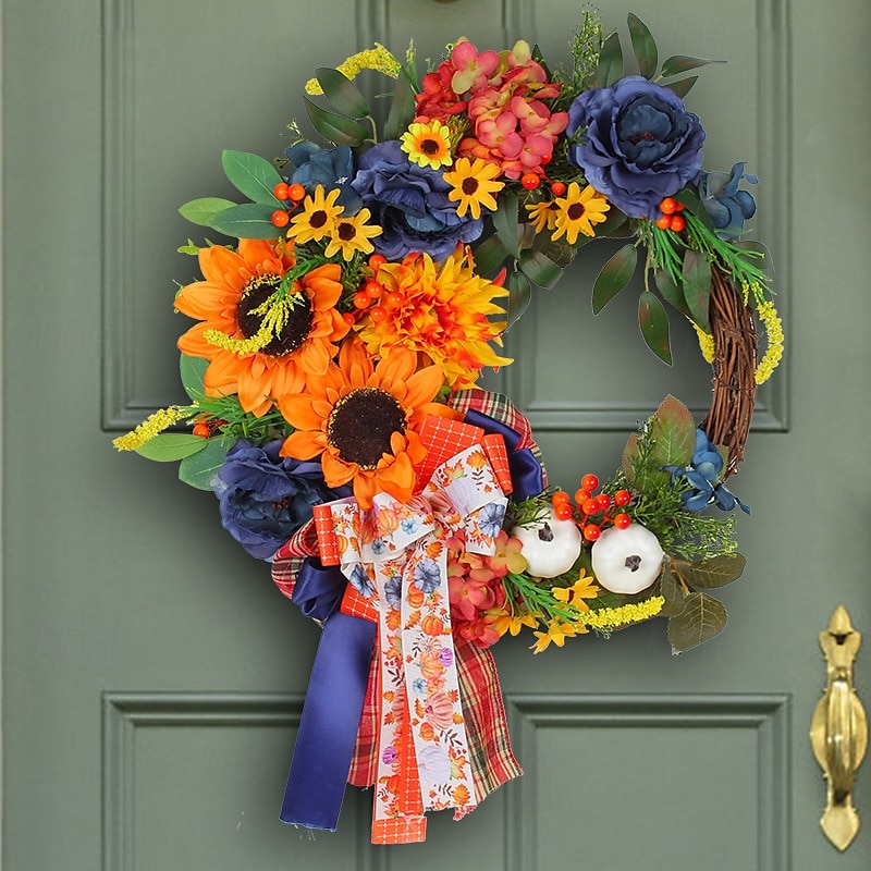 Couronne d'automne pour porte d'entrée, Thanksgiving, récolte d'automne, décoration intérieure et extérieure, couronne de vigne artificielle de tournesol bleu, décoration murale pour les fêtes de 2025 ? $38.99 –P4
