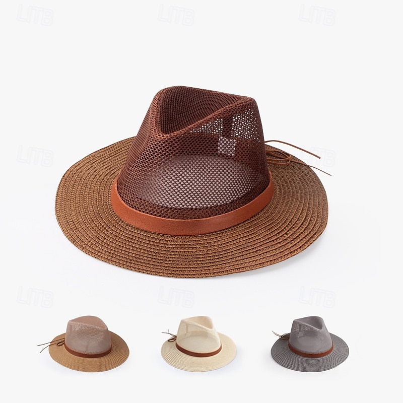 Zomerse cowboyhoed met grote rand, gebreid met net, platte rand, bescherming tegen de zon, opvouwbare herenhoed, strandhoed, casual 2025 - $12.49 –P1