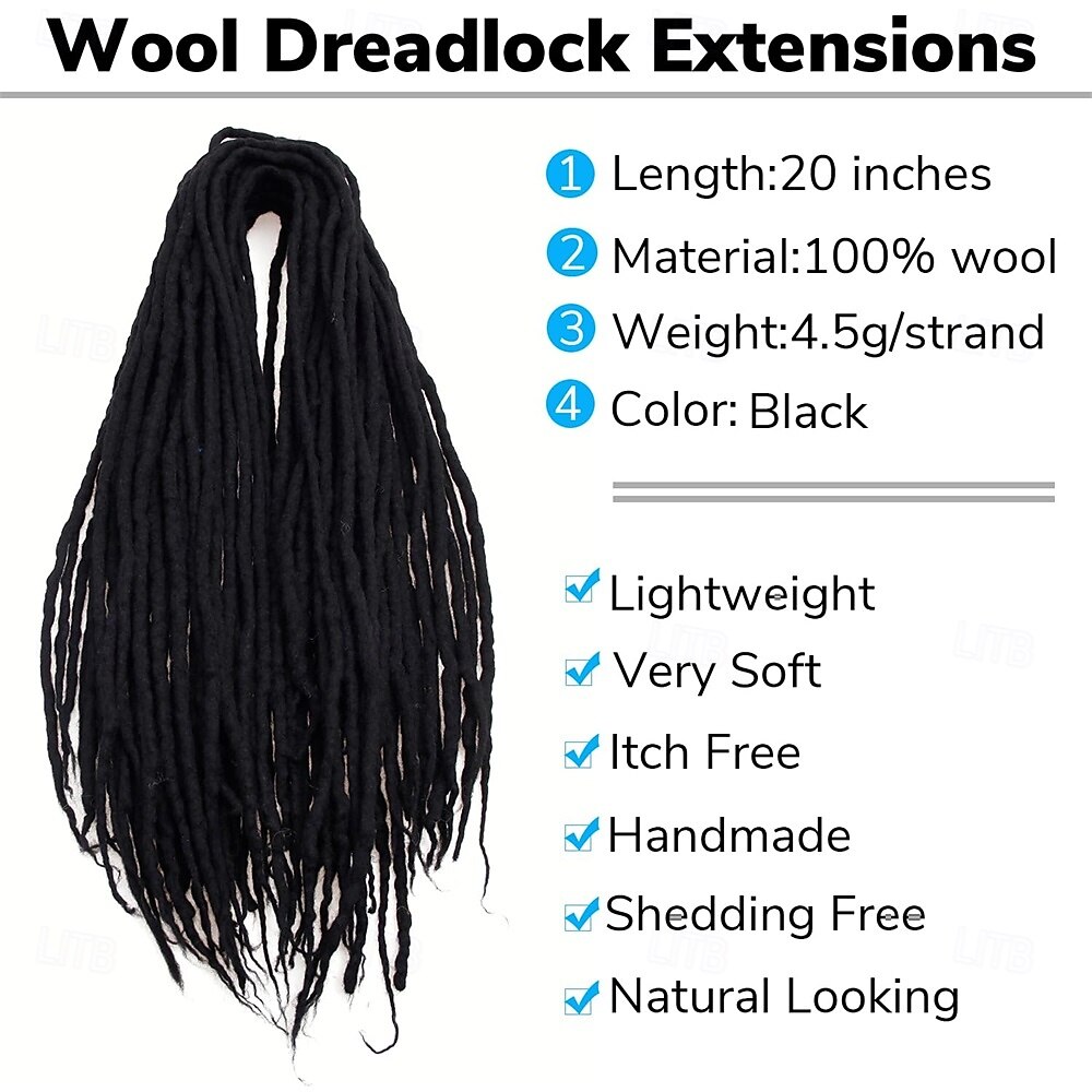 Black Dreadlock Extensions 20 Inch - 0.24 In Width 20 Strands Wool ...