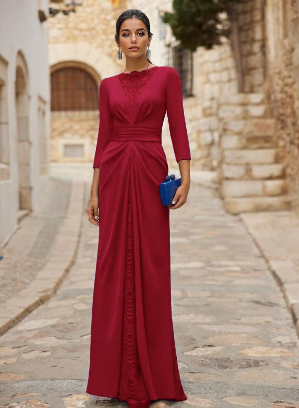 A-linje Kveldskjoler Elegant Kjole Formell Bryllup Gulvlengde Langermet Crew-hals Avtagbar Stretch Crepe med Bølgemønster 2025 2025 - $142.99 –P4