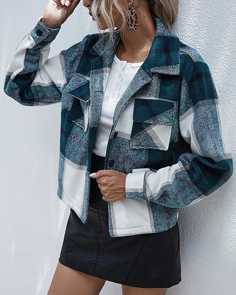Damen Hemdjacke Freizeitjacke Bequem Tasche Knöpfe Mode Outdoor Karomuster Ausgehen Wochenende Reisverschluss Regulär Revers Normale Passform Langarm Oberbekleidung Grün Grau Herbst Winter 2025 - $28.99 –P6