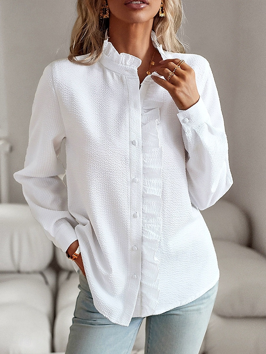 WOMEN'S SHIRT BUTTON DOWN BLOUSE SOLID COLOR PLAIN STRIPED ELEGANT STYLISH BASIC LONG SLEEVE CREW NECK REGULAR TOPS DAILY RUFFLE BUTTONS WHITE PINK SKY BLUE GRAY SPRING FALL WINTER 2025 - $23.99 –P1