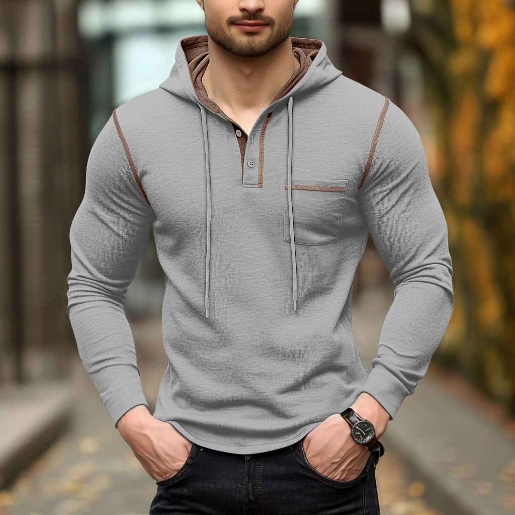 Per uomo Maglietta Felpa con cappuccio Henley Manica Lunga Con Cappuccio Henley Primavera & Autunno Tinta unica Maglieria Quotidiano All'aperto Tasca All'aperto Casual Casuale Grigio scuro blu navy del 2025 a $22.99 –P2
