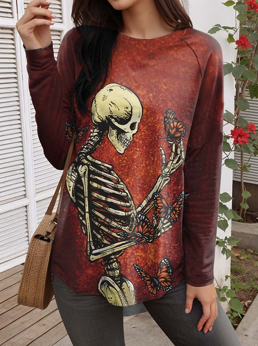 Halloween Femmes T-shirt Tribal ancien Élégant Classique manche longue Col ras du cou Col rond Hauts Réguliers Quotidien Imprimé Rouge Printemps, Automne, Hiver, Été de 2025 ? $25.99 –P1
