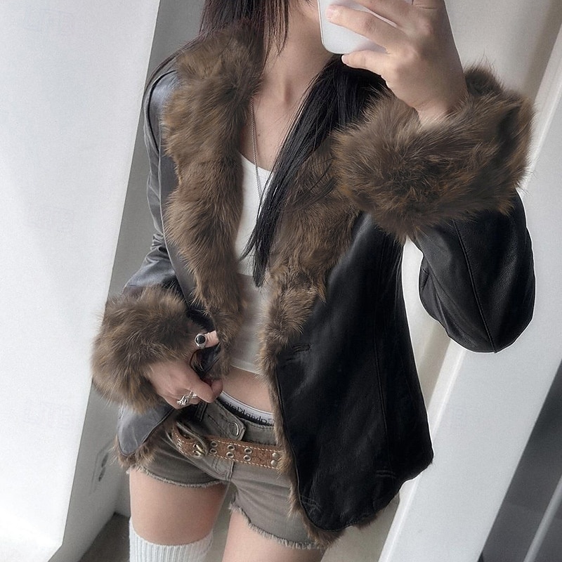 Women's Casual Jacket Warm Comfortable Buttons Fur Collar Fashion Plain Holiday Going out Weekend Single Breasted Regular Turndown Regular Fit Long Sleeve Outerwear Black Fall Winter 2025 - $32.99 –P3