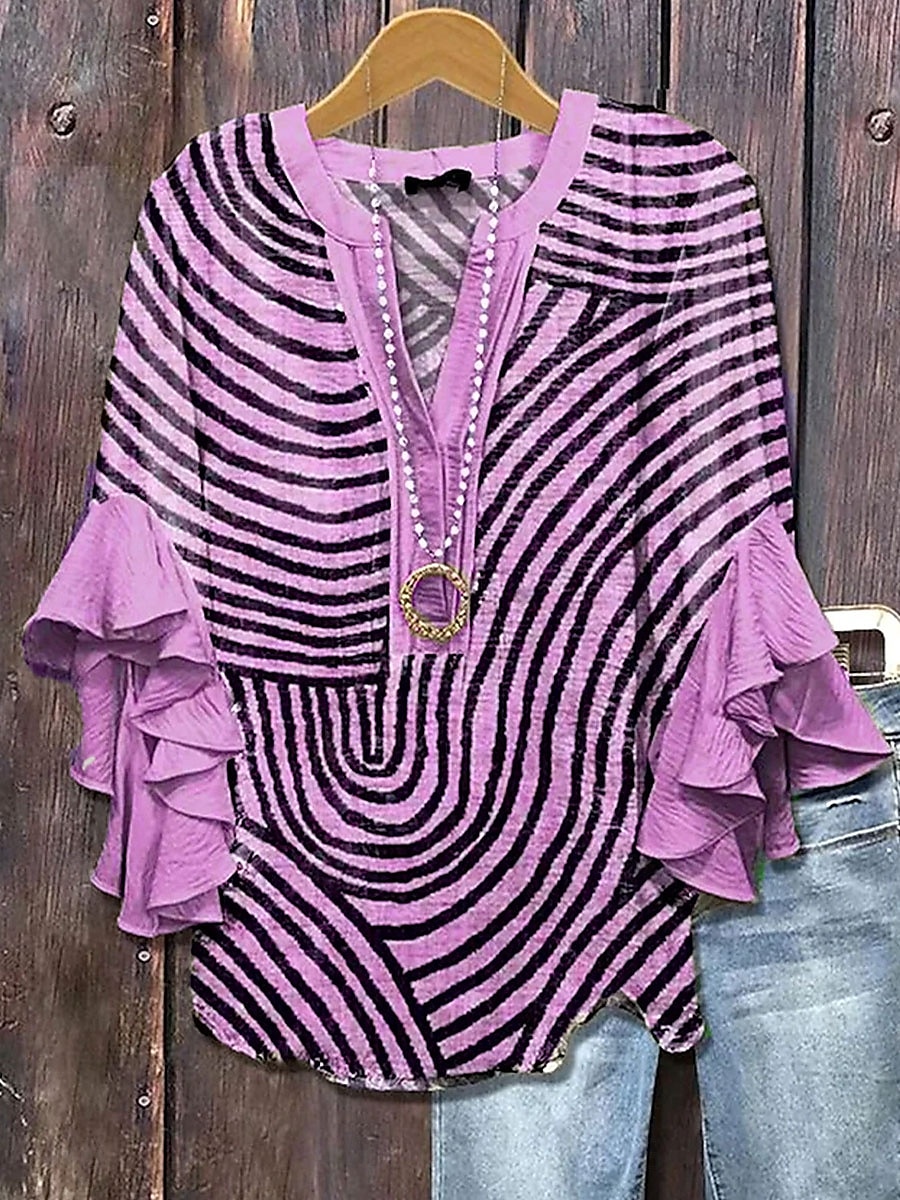Dame Bluse Grafisk Stripet Daglig Stilfull Fritid 3/4 ermer V-hals Vanlige topper Daglig Ferie Ferieklær Trykt mønster Blå Lilla Grønn Kakifarget Sommer Vår 2025 - $29.99 –P2