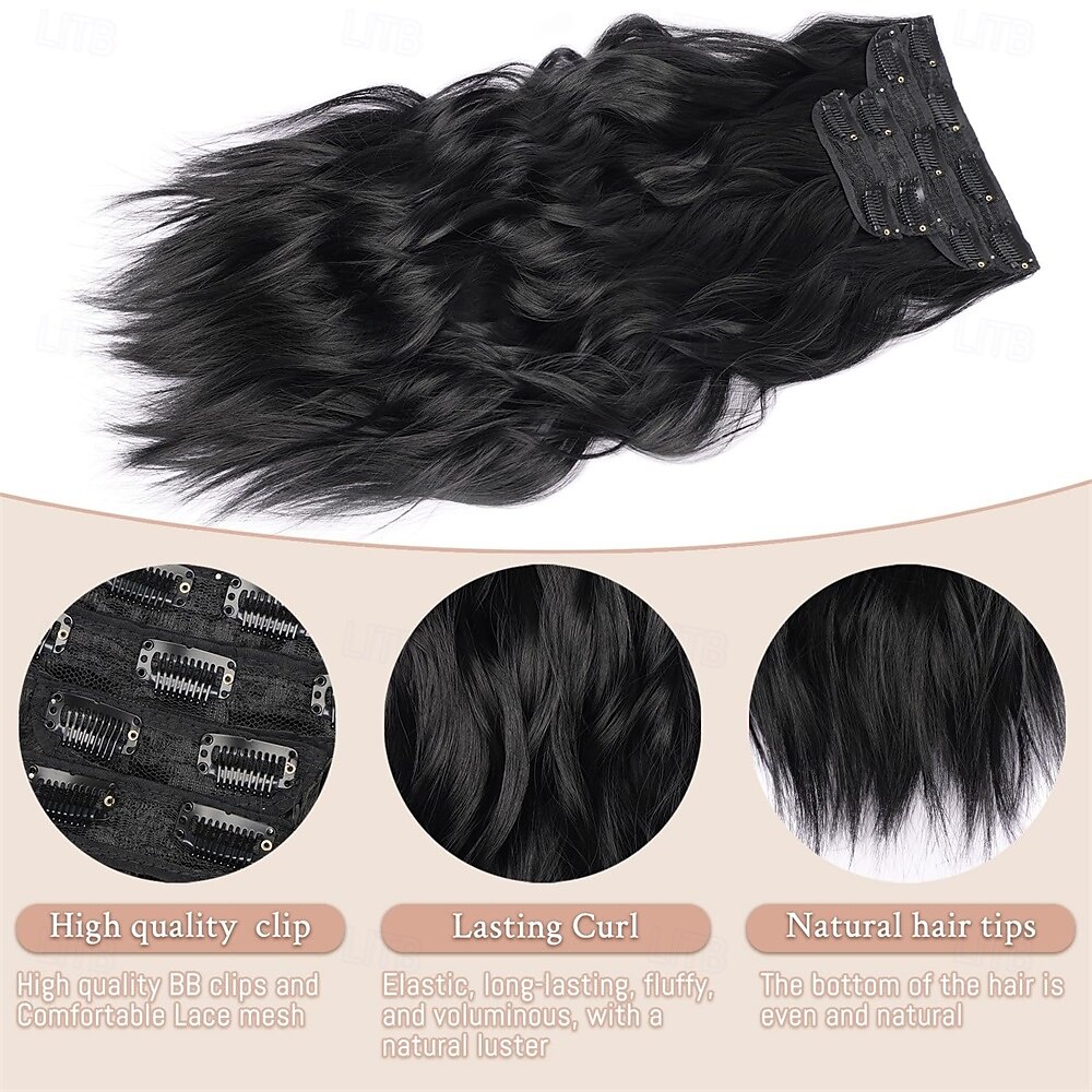 Clip-in haarextensies 4 stuks lang golvend natuurlijk zwart haar synthetisch clip-in extensions 22 inch voor vrouwen #1b 2025 - $26.99 –P7