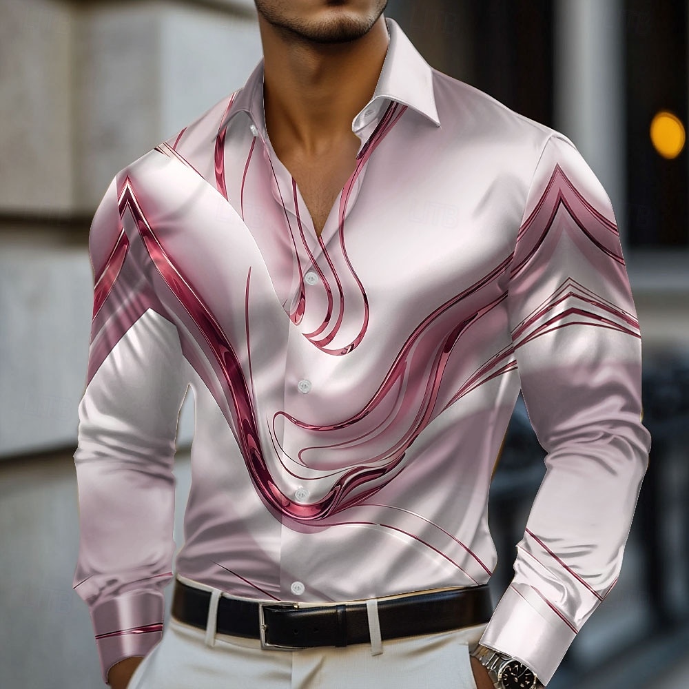 Herren Marmor Abstrakte flüssige Kunst Satinhemd Kleidhemd Langarm Modisch lässig Urlaub Ferien Sommer Frühling Herbst Umlegekragen Hemden mit Kragen 3D-Druck Hemden mit Knopfleiste Rosa Blau Gold 2025 - $27.99 –P3