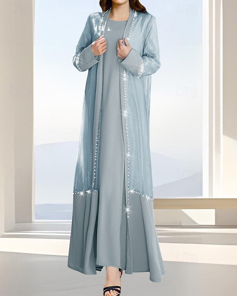 Zweiteilig A-Linie Brautmutterkleid Formell Elegant Einfach luxuriös U-Boot-Ausschnitt Bodenlang Satin Organza Langarm mit Kristalle 2025 2025 - $139.99 –P1