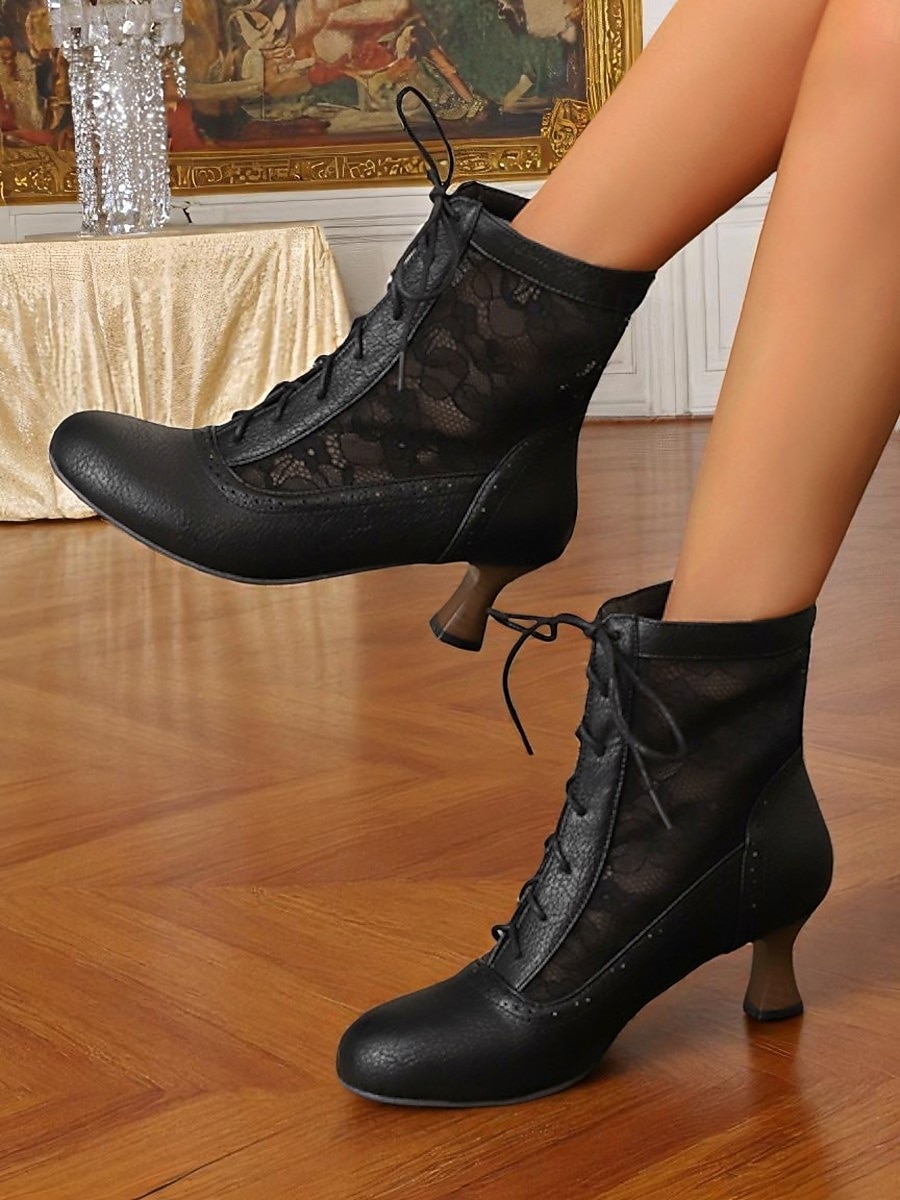 Botas femininas vintage dos anos 1930, com cadarço, brancas, com inserções de renda floral – saltos elegantes em estilo retrô para eventos formais, casamentos e festas de 2025 por $54.99 –P2